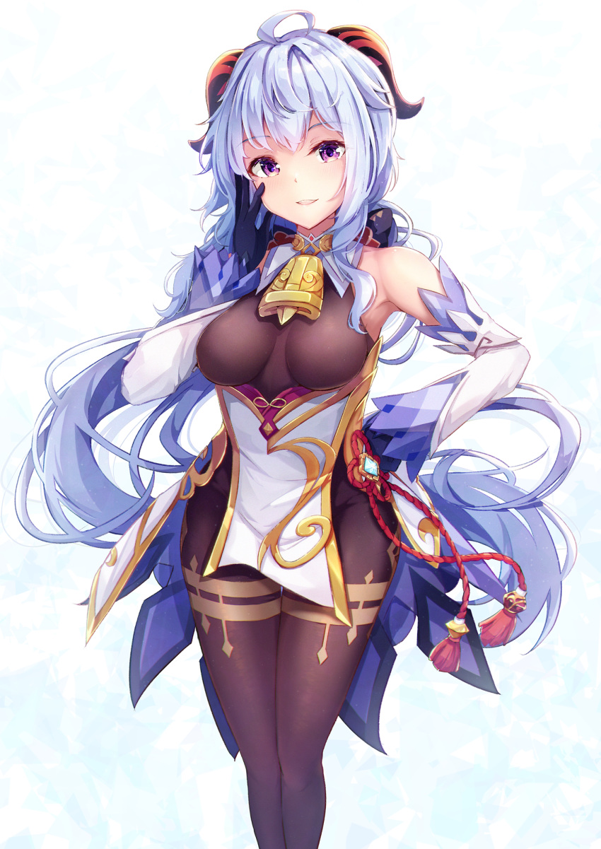 1girl :d ahoge bell black_legwear blue_hair blush bow breasts cowbell cucchiore ganyu_(genshin_impact) genshin_impact hair_bow half-closed_eyes hand_on_hip highres horns long_hair long_sleeves medium_breasts open_mouth pantyhose purple_eyes smile solo standing
