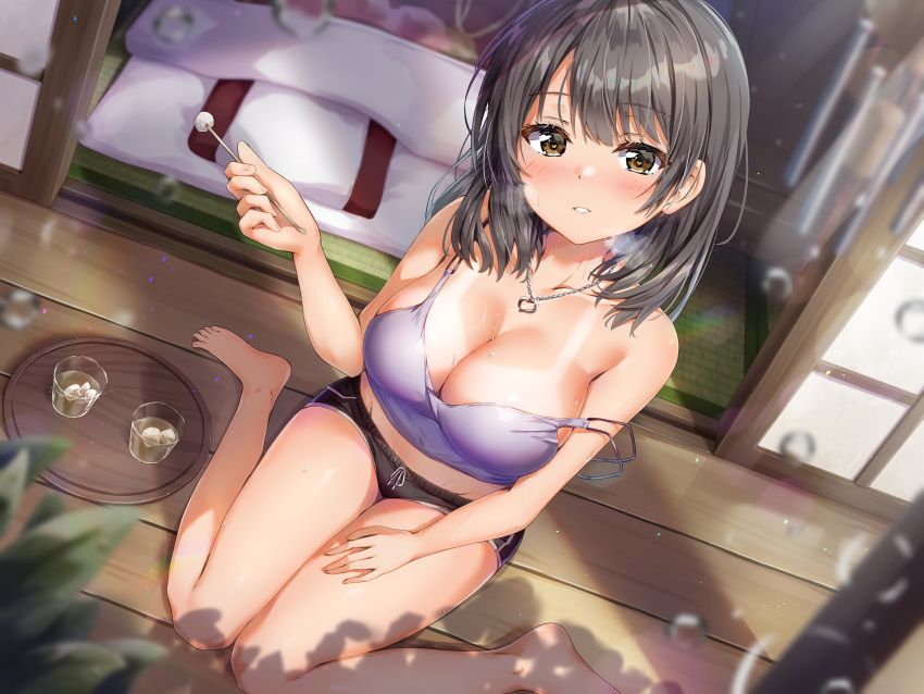 barefoot bed black_hair blush breasts brown_eyes cleavage drink kuria_(clear_trip_second) necklace no_bra original short_hair shorts tan_lines