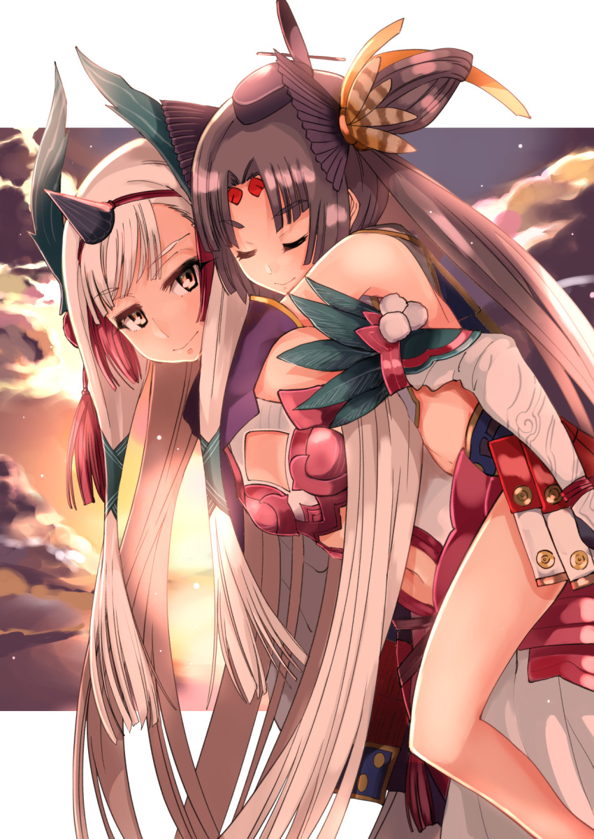 2girls armor armored_dress bangs bare_shoulders belt black_gloves black_hair blush breasts carrying cleavage cleavage_cutout closed_eyes clothing_cutout detached_sleeves dress fate/grand_order fate_(series) feathers gloves grimjin hair_bun hair_feathers hat highres horns japanese_armor kiichi_hougen_(fate) long_hair looking_at_viewer medium_breasts mismatched_sleeves multiple_girls navel navel_cutout orange_eyes parted_bangs pointy_ears red_armor side_bun side_ponytail sidelocks sleeping smile tassel thighs ushiwakamaru_(fate/grand_order) very_long_hair white_dress white_hair wide_sleeves