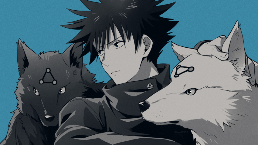 1boy animal bangs blue_background blue_eyes blue_theme closed_mouth commentary dog familiar fingernails fushiguro_megumi gakuran hair_between_eyes hand_on_another's_head high_collar highres jacket jujutsu_kaisen long_sleeves looking_to_the_side male_focus monochrome petting sayshownen school_uniform serious short_hair spiked_hair spot_color twitter_username upper_body watermark