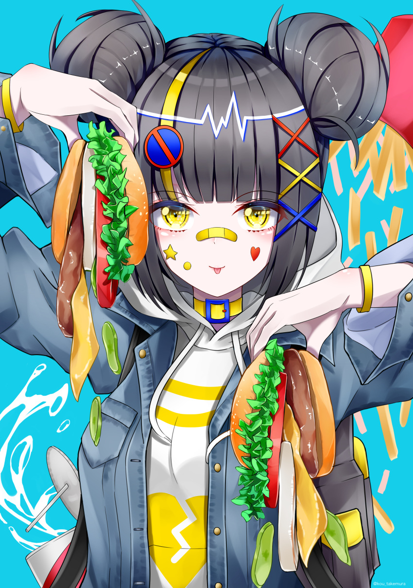 1girl :p absurdres arms_up backpack bag bandaid black_hair blonde_hair blue_background breasts cheese choker cucumber_slice cup double_bun drink drinking_straw fast_food food food_focus french_fries hamburger heart highres holding holding_food lettuce looking_at_viewer medium_breasts medium_hair multicolored_hair original solo star_(symbol) takemura-kou0606 tomato tongue tongue_out yellow_choker yellow_eyes