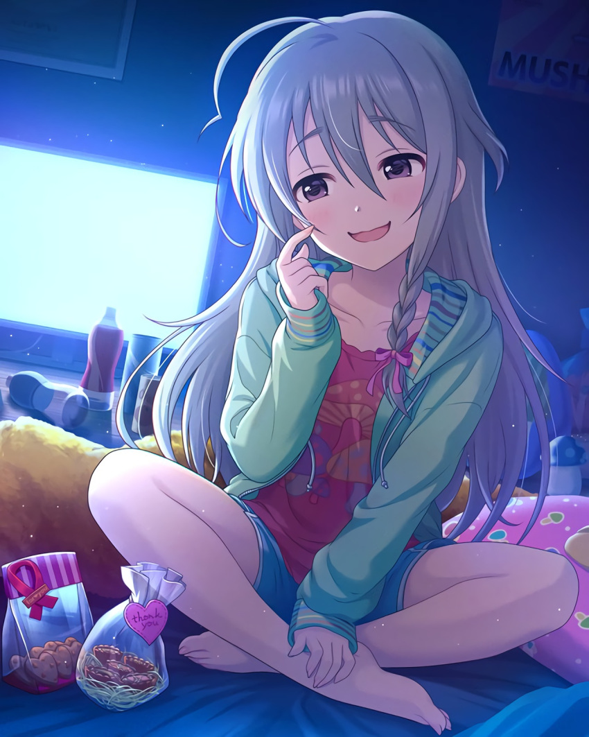 1girl ahoge apron bed blonde_hair blush bottle box box_of_chocolates brown_eyes cake cookie dessert food gift gift_box hair_ornament hair_ribbon happy_valentine heart highres hoshi_shouko idolmaster idolmaster_cinderella_girls idolmaster_cinderella_girls_starlight_stage long_hair long_sleeves looking_at_viewer open_mouth pillow ribbon smile solo television undershirt valentine