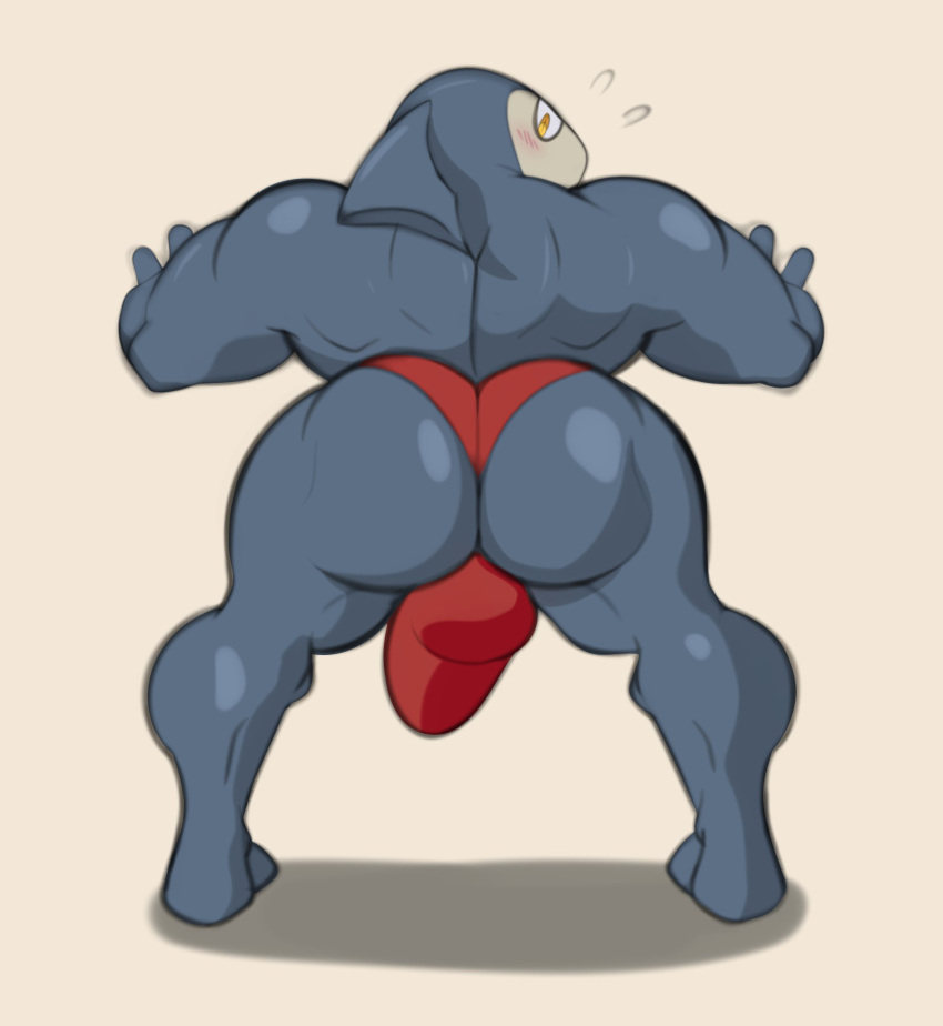 abs anthro back_muscles backsack balls big_butt blush bulge butt butt_focus clothing fin fish genitals hi_res indy_jaws looking_at_viewer looking_back male marine muscular muscular_anthro muscular_male red_clothing red_underwear redeyedgazer shark solo thong tight_underwear underwear video_games yo-kai_watch