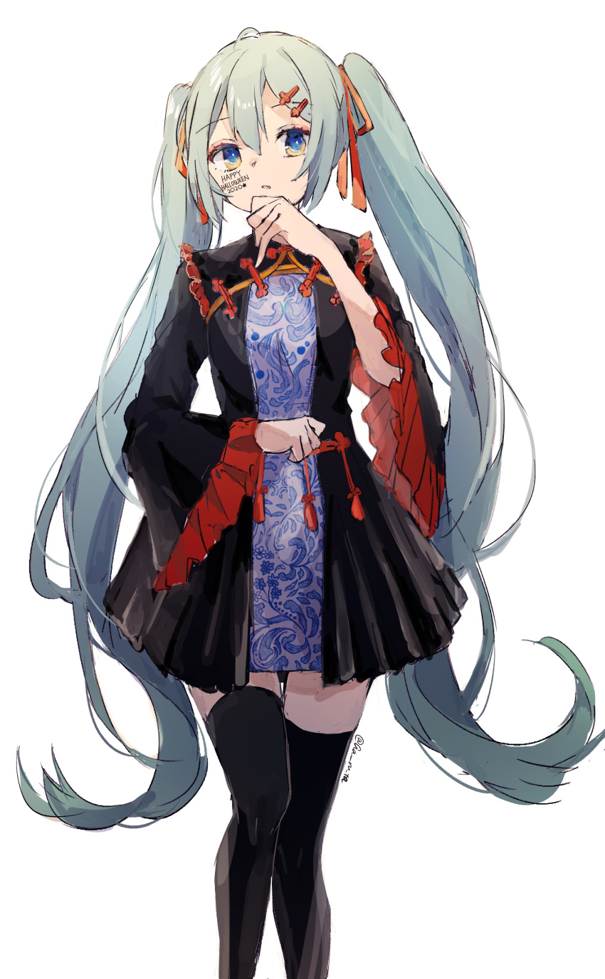 1girl absurdres ahoge black_dress black_legwear blue_eyes breasts dress face_painting fang feet_out_of_frame green_hair hair_ribbon hand_up happy_halloween haruta_(user_dndp3458) hatsune_miku highres long_hair long_sleeves looking_at_viewer parted_lips red_ribbon ribbon simple_background small_breasts solo standing star_(symbol) thighhighs twintails very_long_hair vocaloid white_background wide_sleeves