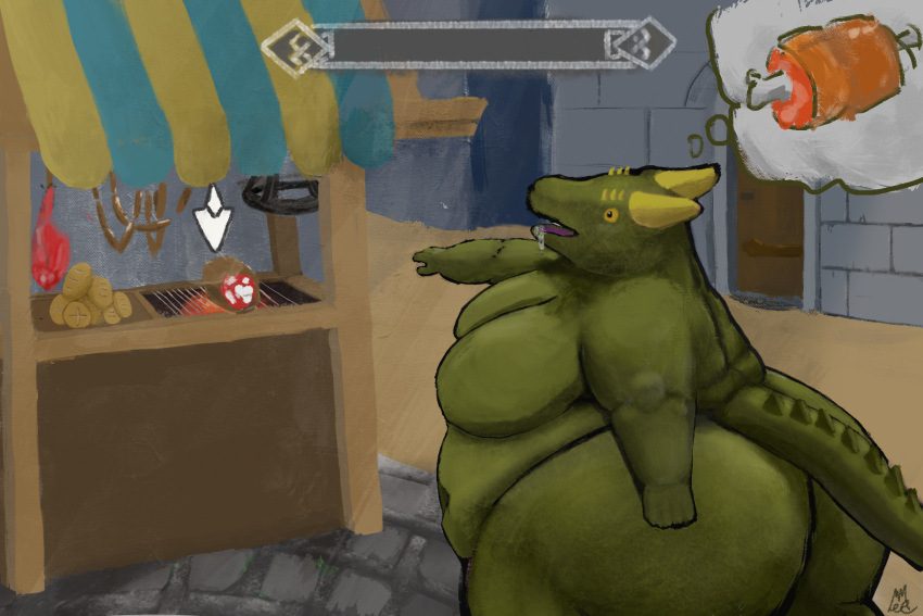 2021 3:2 4_fingers anthro argonian belly bethesda_softworks big_belly big_butt bodily_fluids bone breasts butt drooling female fingers food green_body green_scales hi_res horn market market_stall meat meme_bode morbidly_obese morbidly_obese_anthro morbidly_obese_female non-mammal_breasts nude obese obese_anthro obese_female open_mouth overweight overweight_anthro overweight_female reptile saliva scales scalie signature skyrim solo the_elder_scrolls thought_bubble video_games yellow_eyes yellow_horn