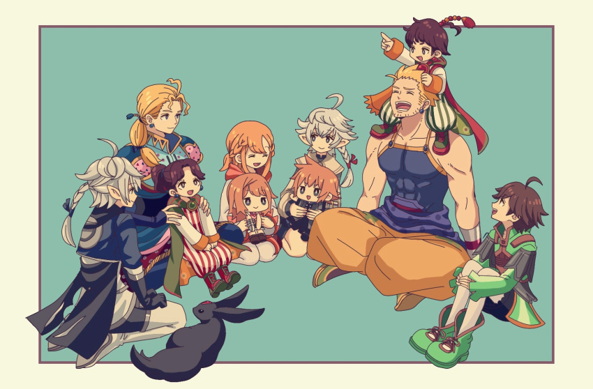 4girls 6+boys alisaie_leveilleur alphinaud_leveilleur blonde_hair brother_and_sister brothers brown_hair carbuncle_(final_fantasy) chelinka chibi dissidia_final_fantasy dissidia_final_fantasy_opera_omnia edgar_roni_figaro final_fantasy final_fantasy_crystal_chronicles final_fantasy_crystal_chronicles:_ring_of_fates final_fantasy_iv final_fantasy_vi final_fantasy_xiv highres ichi_(pixiv6373491) lann_(woff) mash_rene_figaro multiple_boys multiple_girls palom porom reynn_(woff) seiza siblings silver_hair sitting sitting_on_lap sitting_on_person smile twins world_of_final_fantasy yuri_(ffcc)