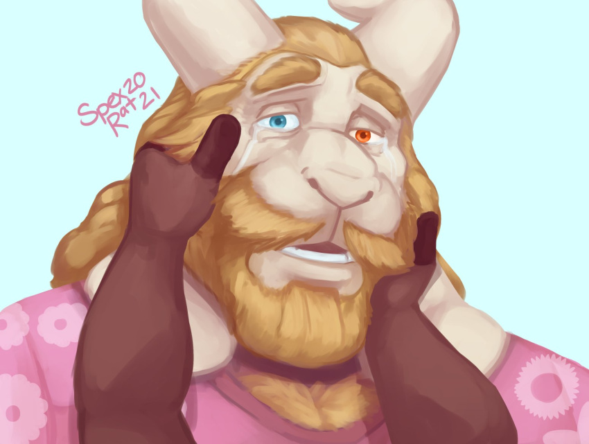 2021 anthro asgore_dreemurr beard blonde_hair blue_eyes bodily_fluids body_hair boss_monster bovid bust_portrait caprine caress caressing_face chest_hair crying duo eyebrows facial_hair flower_shirt fur goat hair hand_on_face heterochromia horn long_hair male mammal mature_male mustache open_mouth portrait raised_eyebrows red_eyes sad signature simple_background spectral-bat tears teeth undertale video_games white_body white_fur