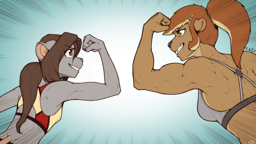 16:9 anthro back_muscles beaver biceps bra breast_size_difference breasts brown_hair cinn_delafontaine clothing competition duo female flexing grin hair mammal mouse murid murine muscular muscular_female ponytail rodent sam_rodoric smile sports_bra t-kay teeth underwear widescreen