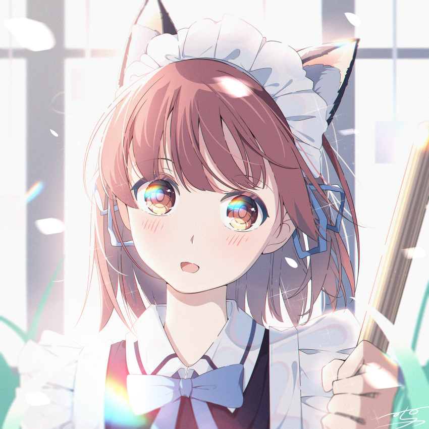 1girl :d animal_ear_fluff animal_ears apron backlighting bangs black_dress blue_bow blue_ribbon blush bow brown_eyes brown_hair cat_ears collared_shirt commentary_request dress eyebrows_visible_through_hair frilled_apron frills hair_ribbon hand_up highres holding looking_at_viewer maid maid_headdress menghuan_tian open_mouth original petals ribbon shirt signature smile solo translation_request upper_body white_apron window