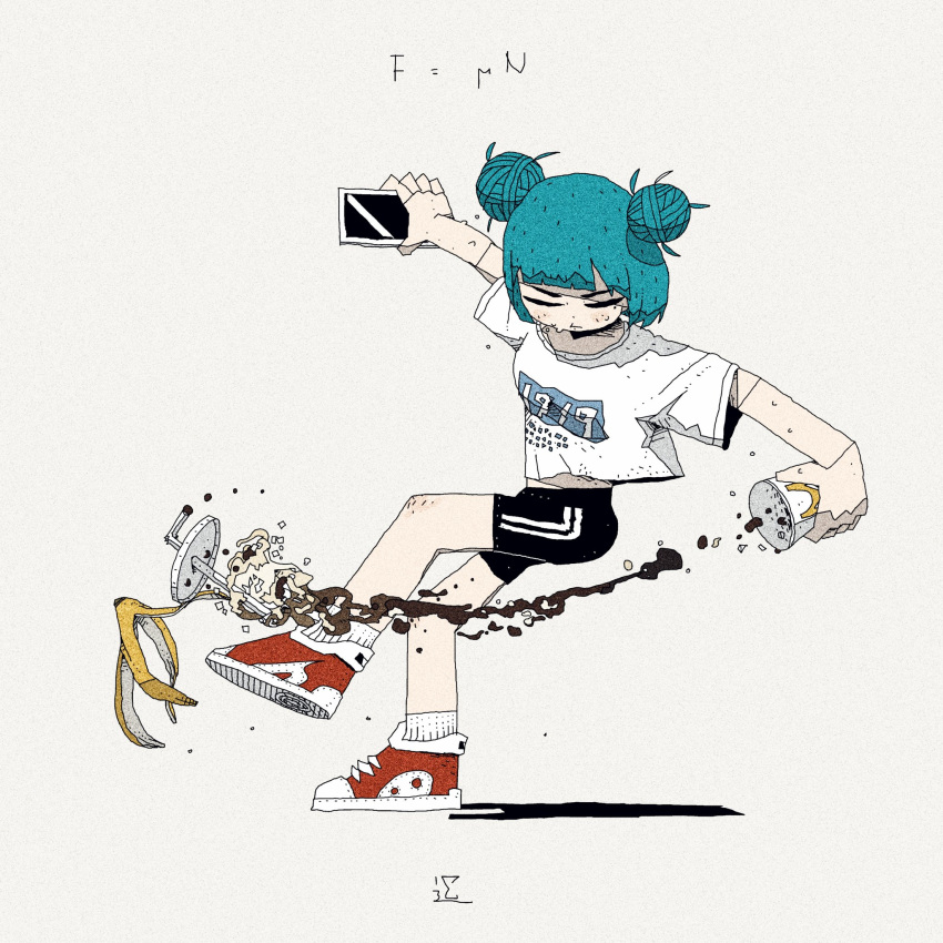 1girl aqua_hair banana_peel black_shorts closed_eyes cup double_bun full_body highres holding holding_phone nyr50ml original phone print_shirt red_footwear shadow shirt shoes short_hair shorts simple_background solo spilling standing white_background white_shirt
