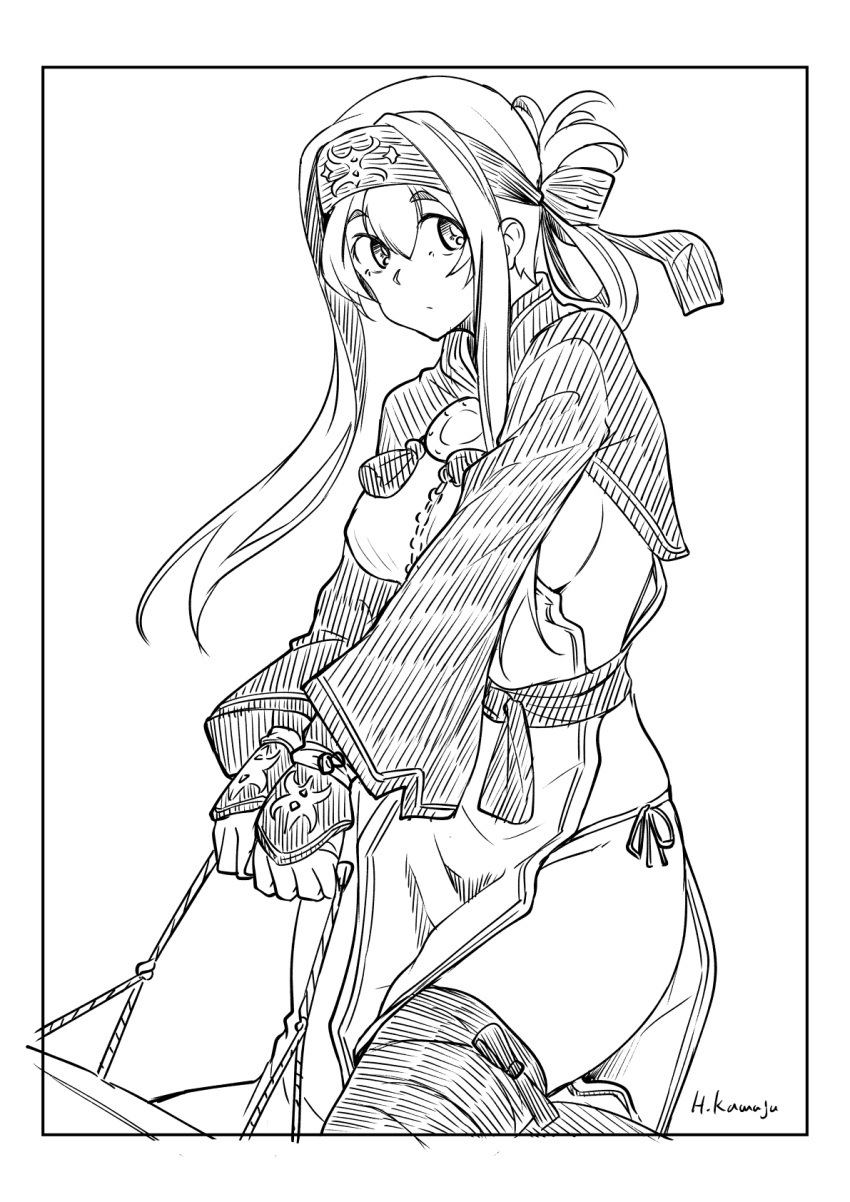 1girl ainu_clothes animal_ears bandana commentary_request cow_ears cow_horns cow_tail cropped_jacket folded_ponytail fundoshi greyscale headband highres horns japanese_clothes kamoi_(kantai_collection) kantai_collection kawajuu leg_wrap long_hair looking_at_viewer monochrome pelvic_curtain sidelocks solo tail thick_eyebrows thighhighs wrist_guards