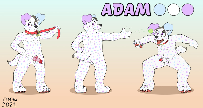 absurd_res adam animal_genitalia animal_penis anthro ball canid canine canine_penis canis collar dalmatian domestic_dog genitals half-erect hi_res knot male mammal model_sheet nude onykr paws penis sheath solo spots young