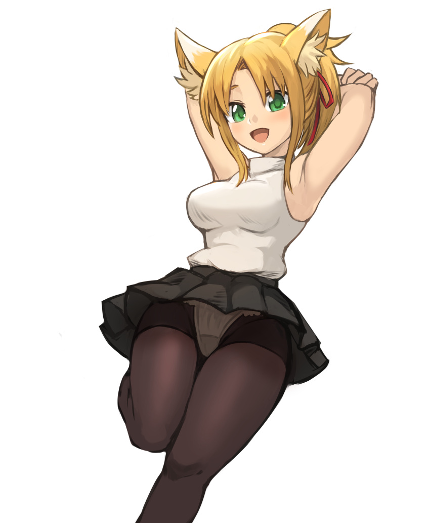 1girl :d absurdres animal_ears armpits arms_behind_head arms_up black_legwear black_skirt blonde_hair breasts commission dog_days fox_ears fox_girl fox_tail green_eyes hair_ribbon highres light_blush long_hair open_mouth pantyhose pixiv_request ponytail red_ribbon ribbon simple_background skirt sleeveless smile solo sookmo tail white_background yukikaze_panettone