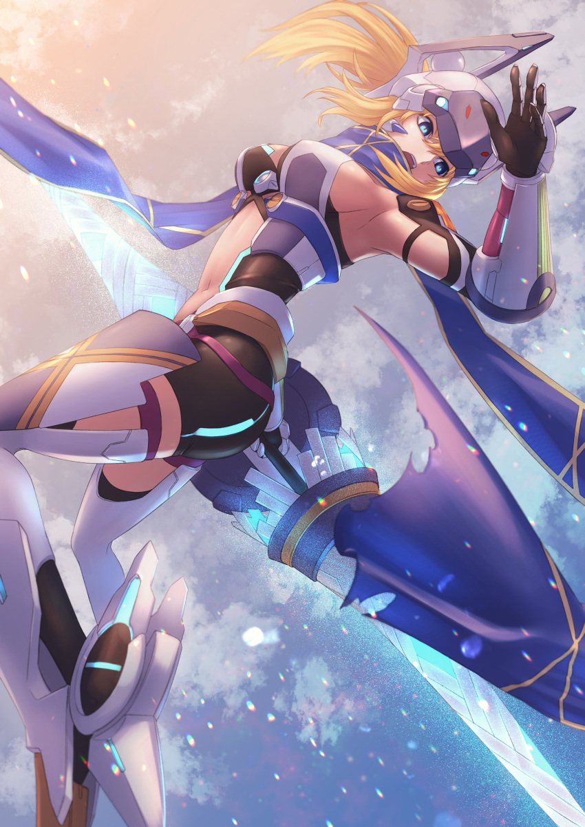 1girl absurdres armpits artoria_pendragon_(all) bike_shorts blonde_hair blue_eyes breasts clothing_cutout fate/grand_order fate_(series) headgear highres huge_filesize long_hair mecha_musume medium_breasts mysterious_heroine_xx_(foreigner) navel navel_cutout open_mouth ponytail scarf sideboob skin_tight solo t800 tagme