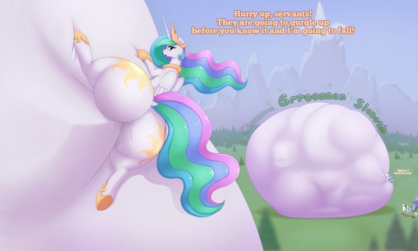 2021 ambiguous_gender augustbebel belly big_belly butt cutie_mark dialogue digital_media_(artwork) english_text equid eyebrows eyelashes female feral friendship_is_magic group hasbro hi_res horn hyper hyper_belly larger_prey mammal mountain multicolored_tail my_little_pony outside princess_celestia_(mlp) smaller_pred text vore winged_unicorn wings