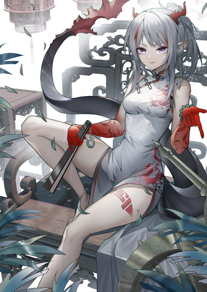 arknights chinadress horns nian_(arknights) pointy_ears tagme tail tattoo