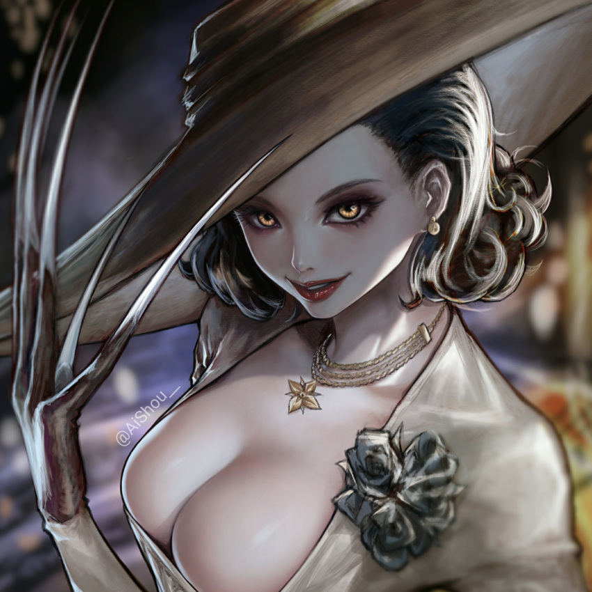 1girl ai_shou alcina_dimitrescu black_flower black_hair black_headwear black_rose blurry blurry_background breasts claws commentary dress earrings english_commentary eyelashes flower hand_up hat highres jewelry large_breasts lipstick looking_at_viewer makeup mature necklace nostrils pale_skin parted_lips red_lips resident_evil resident_evil_village rose short_hair smile solo twitter_username upper_body white_dress yellow_eyes