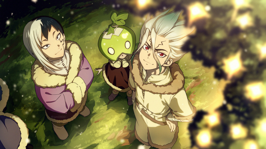 1girl 2boys :o arm_at_side asagiri_gen bandaged_arm bandages black_hair blue_eyes blurry boots brown_footwear child closed_mouth clothing_request coat commentary_request depth_of_field dr._stone food food_on_head from_above fruit fur-trimmed_coat fur_trim grass hair_between_eyes hand_on_hip hands_in_opposite_sleeves highres ishigami_senkuu long_hair long_sleeves looking_at_viewer looking_to_the_side looking_up multicolored_hair multiple_boys object_on_head outdoors purple_coat purple_footwear red_eyes revision sayshownen shadow short_hair smile spiked_hair standing suika_(dr.stone) twitter_username two-tone_hair watermark watermelon white_hair