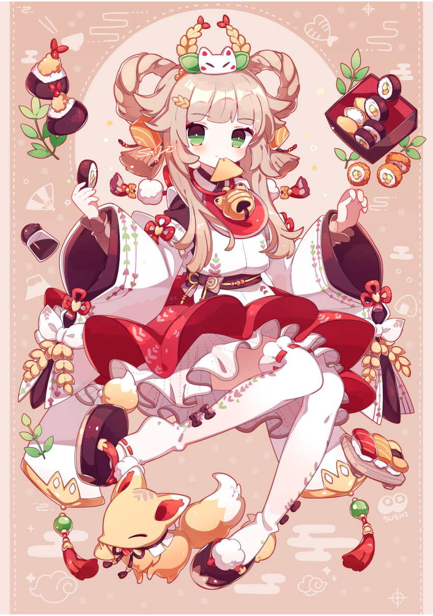 1girl aburaage artist_name bell chinese_knot commentary_request detached_sleeves egasumi food fox full_body green_eyes hair_cubes hair_ornament hair_rings hands_up highres holding holding_food inarizushi japanese_clothes jingle_bell light_brown_hair long_hair long_sleeves looking_at_viewer lunchbox mouth_hold obentou okobo onigiri original pom_pom_(clothes) red_skirt ribbon-trimmed_legwear ribbon_trim saijo1201 shiny shiny_hair skirt smile solo soy_sauce sushi thighhighs toeless_legwear white_legwear wide_sleeves
