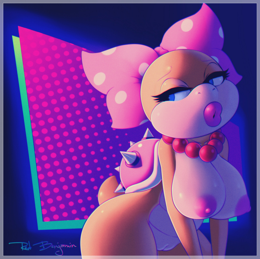 accessory anthro bedroom_eyes big_breasts breasts female genitals hair_accessory hair_bow hair_ribbon hi_res jewelry koopaling lips mario_bros narrowed_eyes necklace nintendo nipples non-mammal_breasts nude pussy ribbons seductive sirredbenjamin solo thick_lips thick_thighs video_games wendy_o._koopa wide_hips