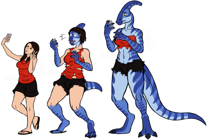 alpha_channel anthro blue_body blue_scales bottomwear breasts brown_hair carolzilla cellphone claws clothed clothing digitigrade dinosaur duckface female flip_flops footwear fully_clothed gesture growth hadrosaurid hair human human_to_anthro mammal non-mammal_breasts ornithischian parasaurolophus phone reptile sandals scales scalie selfie shorts smartphone solo species_transformation torn_clothing transformation transformation_sequence v_sign