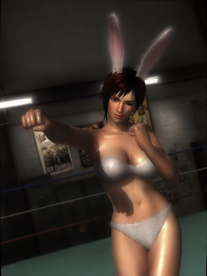 1girl animal_ears bikini boxing boxing_ring breasts brown_eyes bunny_ears clenched_hands dead_or_alive dead_or_alive_5 highres large_breasts mila_(doa) one_eye_closed punching red_hair screencap stitched swimsuit thick_thighs thighs third-party_edit white_bikini