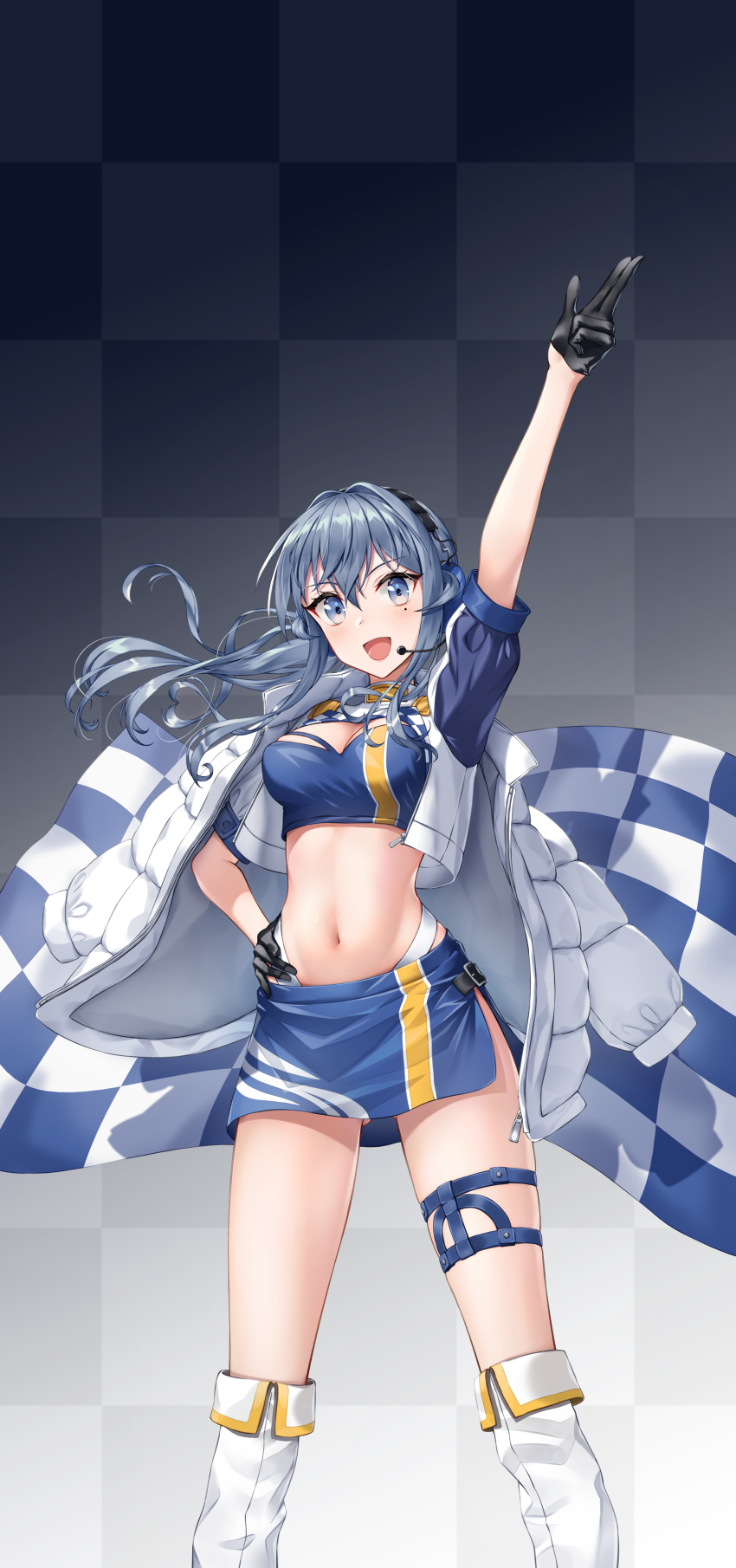 1girl :d absurdres arm_up ass_visible_through_thighs bangs blue_eyes blue_hair blue_skirt boots breasts checkered checkered_background commentary_request crop_top eyebrows_visible_through_hair flag gloves gotland_(kantai_collection) hand_on_hip headset highres huge_filesize jacket kantai_collection knee_boots long_hair looking_at_viewer medium_breasts midriff miniskirt mixed-language_commentary mole mole_under_eye navel open_mouth race_queen rankebu short_sleeves shorts skirt smile solo standing thigh_strap