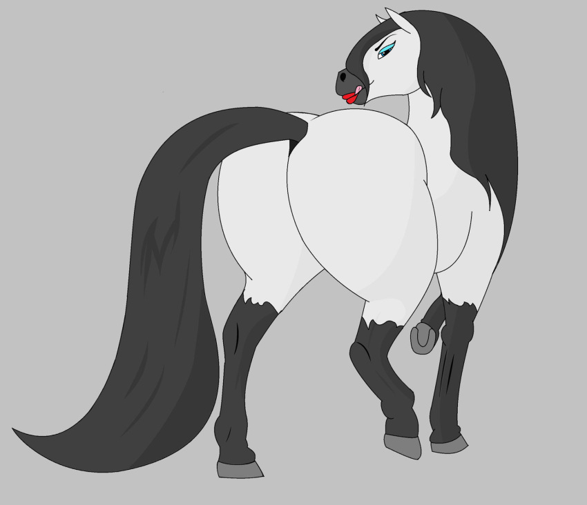 big_butt bigboy4025_(artist) black_hair butt equid equine eyeliner female feral grey_background hair hi_res horse licking licking_lips lipstick looking_at_viewer looking_back makeup mammal presenting presenting_hindquarters raised_tail simple_background solo tongue tongue_out white_body