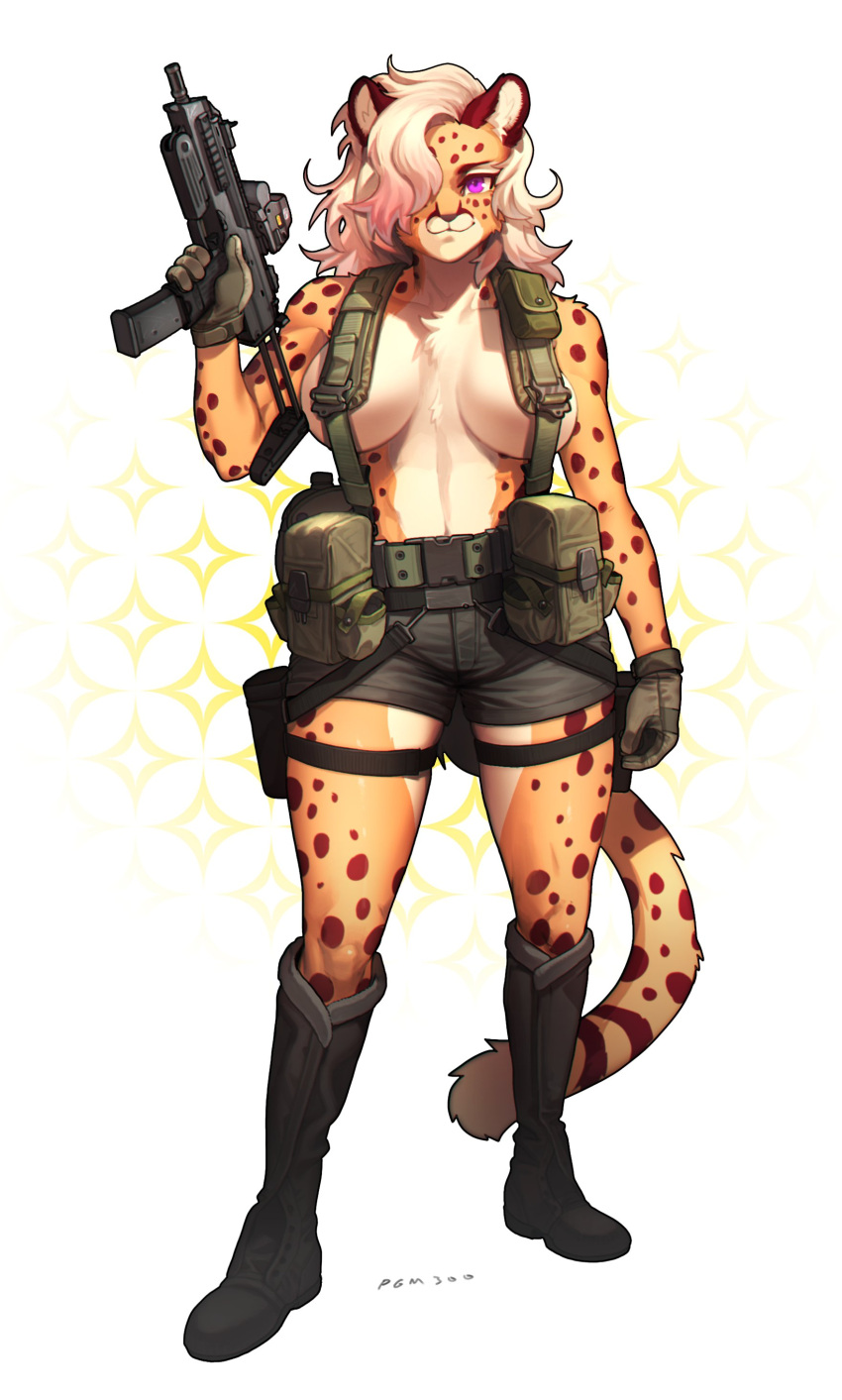 absurd_res alexandra_(velocitycat) anthro big_breasts boots bottomwear breasts cheetah clothed clothing combat_gear felid feline female footwear gloves gun handwear hi_res looking_at_viewer mammal mp7 pgm300 purple_eyes ranged_weapon shorts signature simple_background solo solo_focus straps thigh_strap topless topless_female weapon