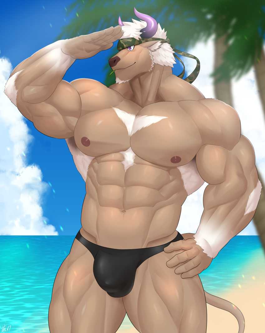 1boy abs absurdres animal_ears bara bare_pecs beach bulge camouflage camouflage_headwear chest_hair cow_ears cow_horns cowboy_shot furry hand_on_hip hand_up headband highres horns keijimohumohu looking_to_the_side male_focus male_swimwear minotaur muscular muscular_male navel nipples pectorals purple_eyes purple_horns shennong_(tokyo_houkago_summoners) short_hair smile solo stomach swim_briefs swimwear thick_thighs thighs tokyo_houkago_summoners white_hair