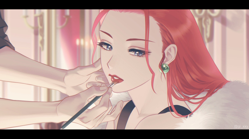 1girl alternate_hairstyle blurry earrings eyelashes fingernails fur_(clothing) gi_xxy grey_eyes highres holding jessie_(pokemon) jewelry letterboxed lipstick long_hair looking_to_the_side makeup makeup_brush parted_lips pokemon pokemon_(anime) red_hair red_lips