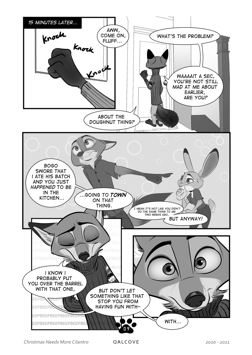 ? absurd_res anthro bottomwear canid canine clothed clothing comic dessert dialogue disney door doughnut duo english_text food fox fully_clothed fur greyscale hi_res holding_food holding_object judy_hopps lagomorph leporid mammal monochrome nick_wilde pants qalcove rabbit red_fox speech_bubble standing sweater text topwear zootopia