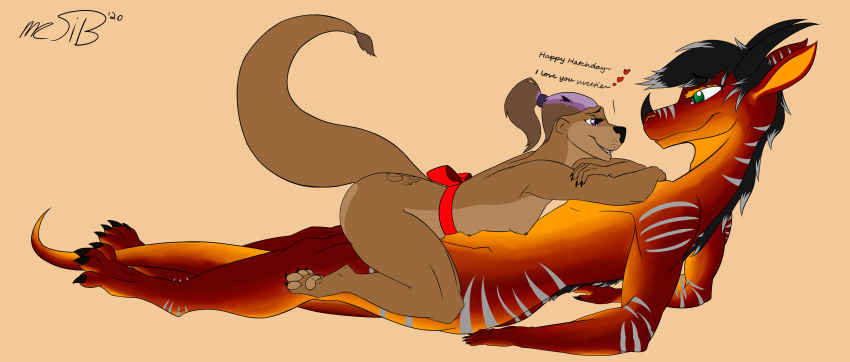 &lt;3 6_breasts absurd_res anthro bow_tie breasts brown_body brown_fur brown_hair crossed_arms dialogue digital_media_(artwork) dragon duo english_text eye_contact eyelashes fur hair happy_birthday herm herm_on_top hi_res highlights_(coloring) horn hybrid intersex intersex_on_top long_ears looking_at_another lutrine male mammal mcsib multi_breast multicolored_body multicolored_fur mustelid nexrese nipples nude on_top open_mouth purple_highlights raised_tail red_body red_scales romantic scales signature siv_(mcsib) smile stripes tail_tuft text tuft two_tone_body two_tone_fur yellow_body yellow_eyelashes yellow_scales