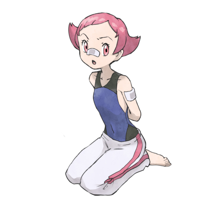 1girl absurdres arms_behind_back bandaid bandaid_on_arm bandaid_on_nose barefoot bodysuit chimu_xingcheng collarbone commentary_request covered_navel eyelashes flat_chest full_body grey_pants gym_leader highres looking_at_viewer maylene_(pokemon) open_mouth pants pink_eyes pink_hair pokemon pokemon_(game) pokemon_dppt short_hair solo toes tongue