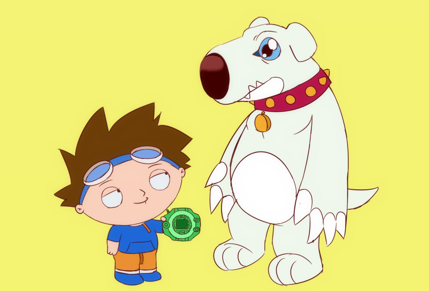 2020 anthro brian_griffin canid canine canis child claws clothed clothing collar collar_only cosplay crossover crossover_cosplay digimon digimon_(species) domestic_dog duo eyewear family_guy fully_clothed goggles goggles_on_head hi_res human hybrid male mammal melvu_drago mostly_nude on_model smile stewie_griffin takato_matsuki young