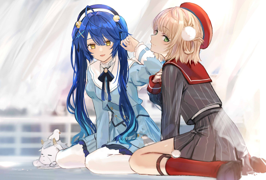 2girls ahoge amamiya_kokoro bell beret between_legs bird black_footwear blonde_hair blue_hair blue_headwear blue_ribbon blue_shirt blue_skirt blush breasts closed_mouth commentary curtains day eyebrows_visible_through_hair full_body green_eyes grey_shirt grey_skirt hair_bell hair_between_eyes hair_ornament hair_pom_pom hair_rings hand_between_legs hand_in_hair hand_on_own_chest hat highres indie_virtual_youtuber isshiki_(ffmania7) long_hair long_sleeves looking_at_viewer medium_breasts miniskirt multiple_girls neck_ribbon nijisanji open_mouth pantyhose pinstripe_pattern pleated_skirt pom_pom_(clothes) puffy_long_sleeves puffy_sleeves red_headwear red_legwear ribbon sailor_collar school_uniform serafuku shigure_ui_(vtuber) shirt shoes sitting skirt skirt_set smile socks striped striped_shirt sunlight twintails vertical-striped_shirt vertical_stripes virtual_youtuber wariza white_legwear x_hair_ornament yellow_eyes