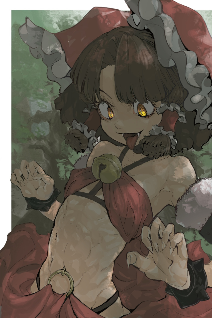 1girl :3 alternate_costume bangs bell benikurage_(cookie) border bow brown_hair claw_pose collarbone commentary_request cookie_(touhou) dress fangs fingernails frilled_bow frills fur_trim hair_bow hair_tubes hakurei_reimu halterneck highres jewelry jingle_bell large_bow looking_down navel navel_piercing parted_bangs piercing red_bow red_dress revealing_clothes ring sharp_fingernails short_hair slit_pupils solo spiked_cuffs tongue tongue_out touhou white_border yellow_eyes yma
