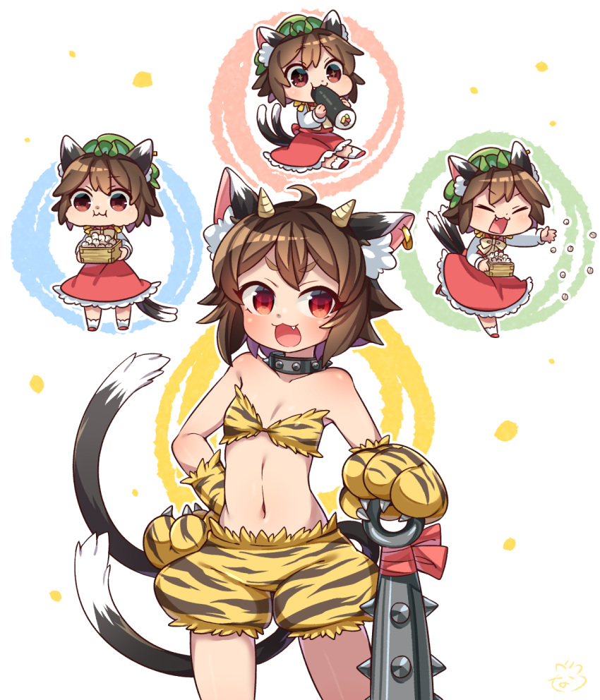 1girl :3 ahoge alternate_costume animal_ear_fluff animal_ears animal_print beans bikini bikini_top brown_hair cat_ears cat_tail chen club collar commentary_request cowboy_shot eating ehoumaki fang food gloves highres horns ibaraki_natou jewelry long_sleeves looking_at_viewer makizushi mamemaki masu multiple_tails multiple_views navel oni_costume oni_horns open_mouth paw_gloves paws red_eyes red_skirt red_vest setsubun shirt short_hair shorts simple_background single_earring skirt spiked_club spiked_collar spikes standing sushi swimsuit tail thick_eyebrows tiger_print tiger_stripes touhou vest weapon white_background white_shirt yellow_shorts