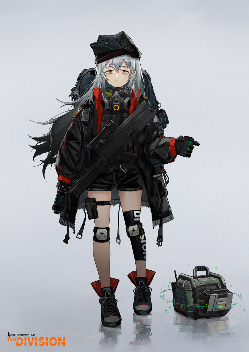 1girl alternate_costume assault_rifle black_gloves closed_mouth full_body g11_(girls_frontline) girls_frontline gloves grey_eyes gun hat highres knee_pads long_hair looking_at_viewer mask mask_removed messy_hair rifle silver_hair simple_background tom_clancy's_the_division weapon yuuki_mix