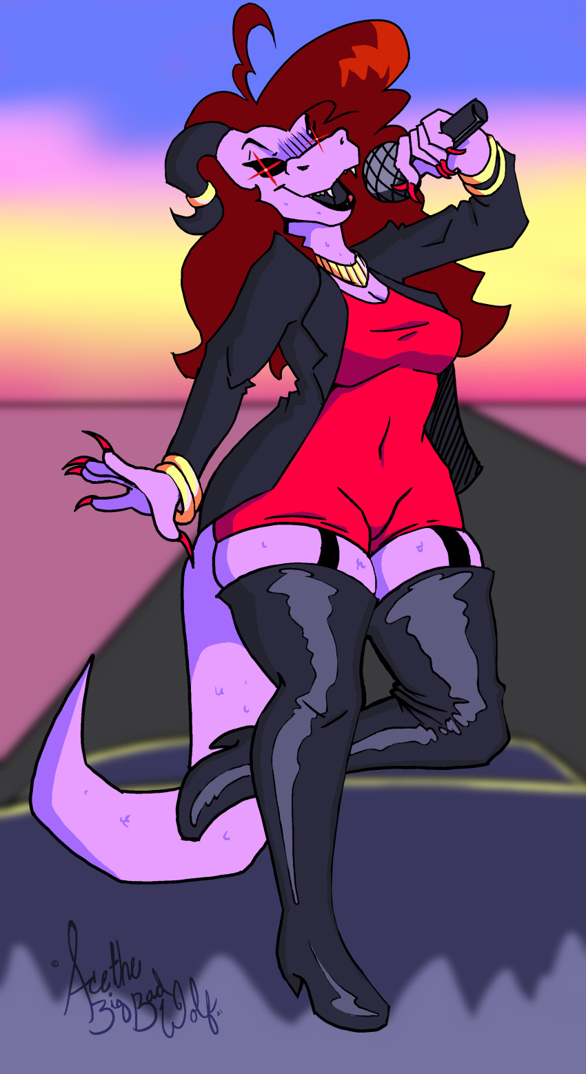 absurd_res acethebigbadwolf anthro breasts claws clothing colored_nails dragon dress female garter_belt garter_straps hair hi_res jewelry leather leather_clothing leather_legwear leather_thigh_highs legwear long_hair microphone nails red_clothing red_dress reptile scalie solo teeth the_mom_(fnf) thigh_highs