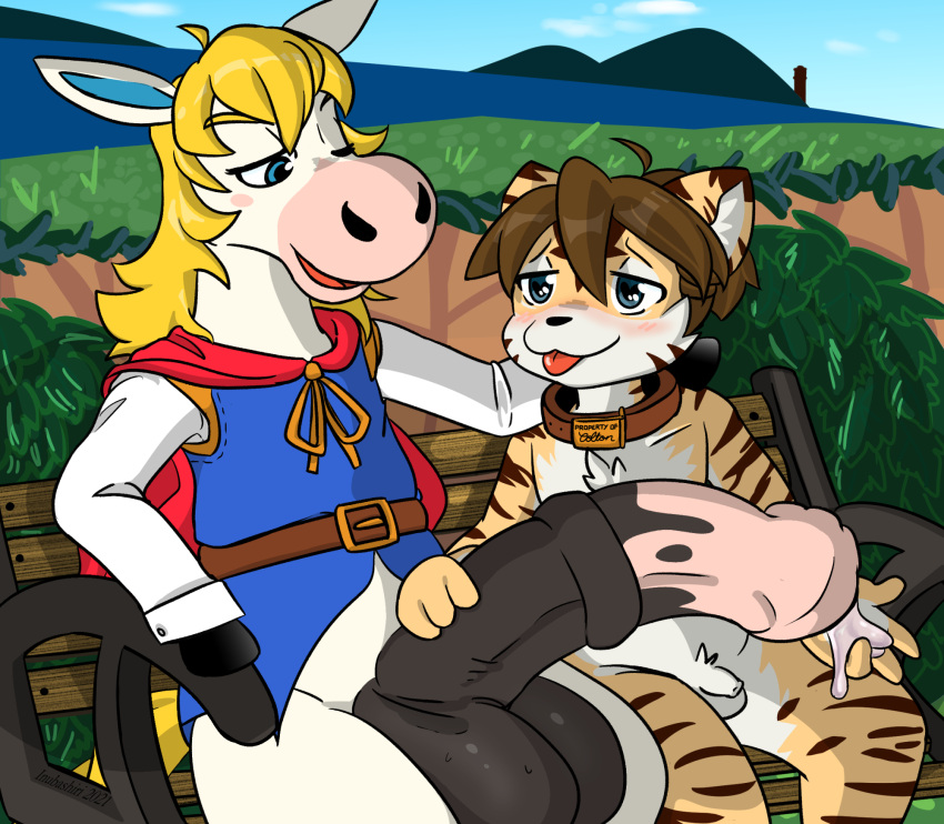 animal_crossing animal_genitalia animal_penis bench big_penis blonde_hair blue_eyes blush bodily_fluids brown_body brown_fur brown_hair bush_(disambiguation) cape clothing collar colton_(animal_crossing) cum cum_in_hand equid equine equine_penis felid flaccid fur genital_fluids genitals hair hi_res hooved_hands hooves huge_penis inubashiri male male/male mammal nintendo one_eye_closed pantherine penis shirt sitting tiger tongue tongue_out topwear video_games white_body white_fur wink