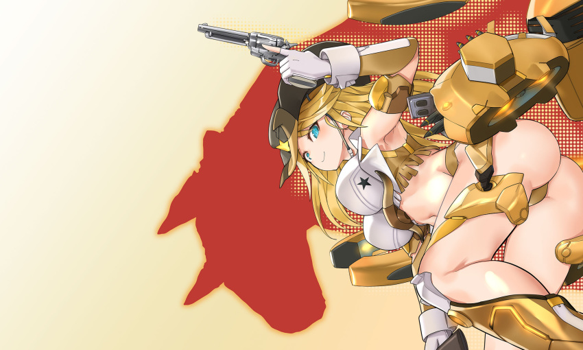1girl alice_gear_aegis ass blonde_hair blue_eyes bull closed_mouth cowboy_hat gloves gun handgun hat highres holding holding_weapon kuuro_kuro looking_back pistol shirley_oakley solo star_(symbol) weapon weapon_request white_gloves