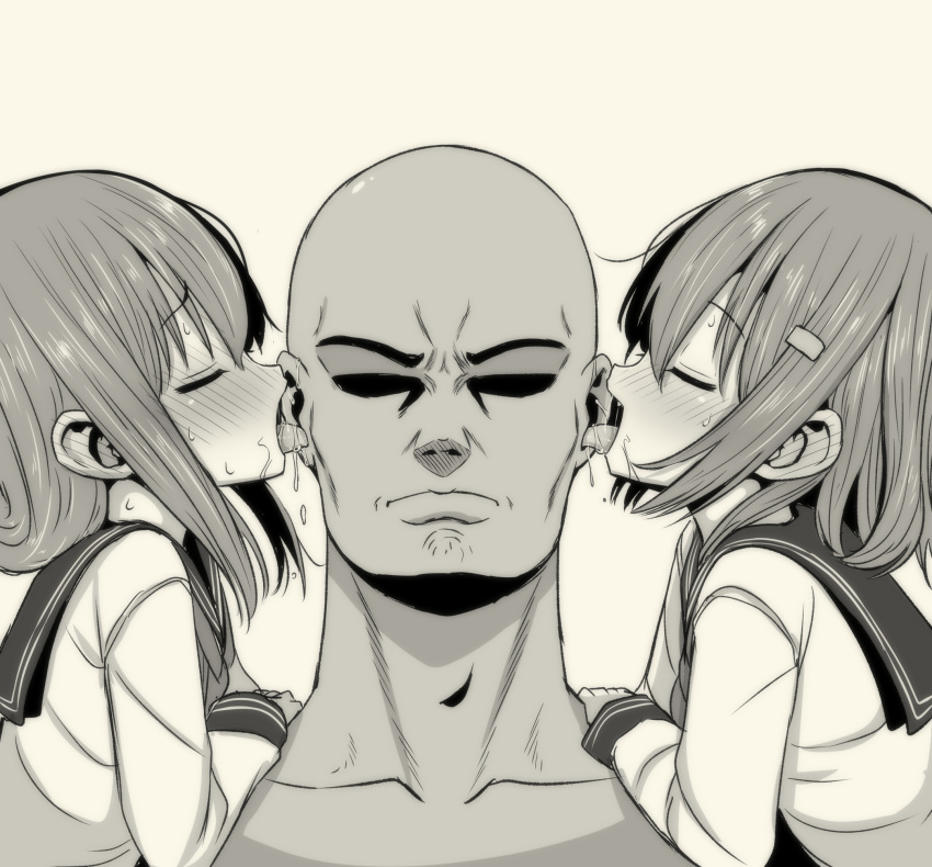 1boy 2girls bald blush closed_eyes closed_mouth ear_licking greyscale hair_between_eyes hair_ornament hairclip hetero highres ikazuchi_(kantai_collection) inazuma_(kantai_collection) kantai_collection licking long_sleeves mamerakkkkko monochrome multiple_girls open_mouth saliva school_uniform serafuku sidelocks simple_background