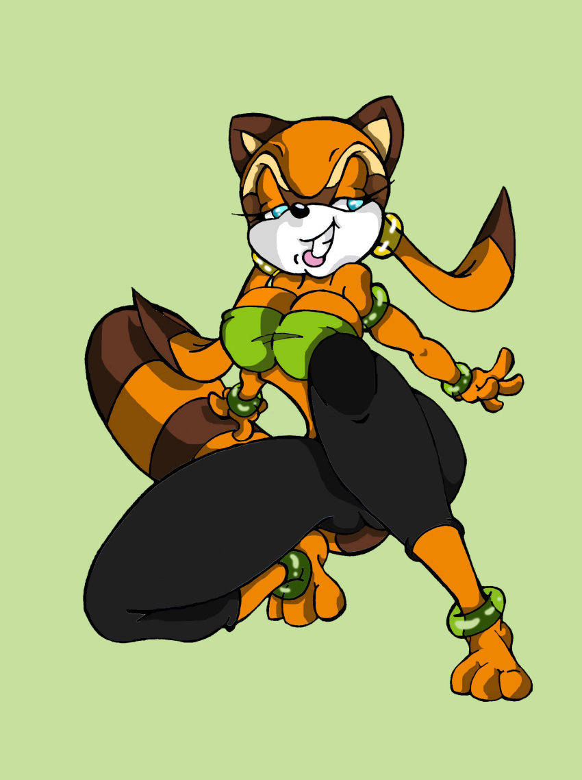 anthro blue_eyes breasts cleavage clothed clothing female fur green_background half-closed_eyes hi_res kskillz mammal marine_the_raccoon midriff narrowed_eyes orange_body orange_fur procyonid raccoon simple_background solo sonic_the_hedgehog_(series)