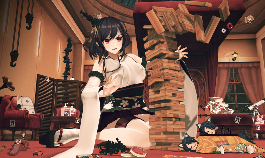 3d 6+girls absurdres bed black_hair bunny chair character_request curtains detached_sleeves dispenser energy_drink ffkw hair_ornament highres japanese_clothes kantai_collection kneeling kotatsu lamp messy_room monster_energy multiple_girls okobo red_eyes short_hair size_difference sleeping tabi table telescope thighhighs toy toy_train wide_sleeves window yamashiro_(kantai_collection)