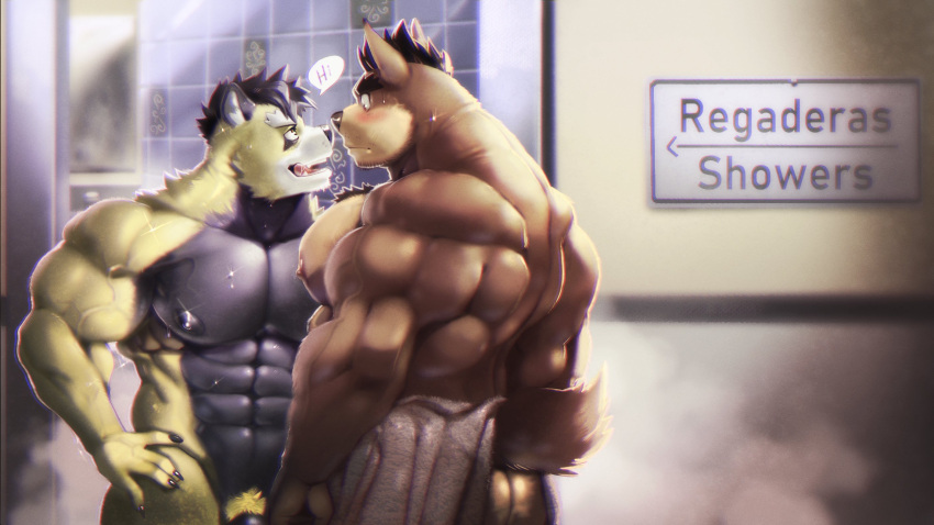2021 4_fingers abs anthro back_muscles barazoku barely_visible_genitalia barely_visible_penis big_muscles blush butch_(cursedmarked) butt canid canine canis chest_tuft collaboration cursedmarked detailed_background dialogue domestic_dog duo english_text eye_contact fingers genitals hair hand_on_hip hi_res inside looking_at_another male mammal muscular muscular_anthro muscular_male nipples nude obliques pecs penis procyonid pubes public raccoon raccoon21 shower spanish_text text towel towel_only triceps tuft