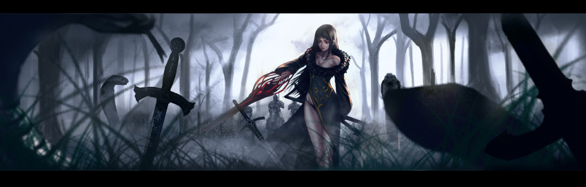 1girl 3others absurdres animal armor bare_shoulders black_hair black_panties blood breastplate breasts cleavage closed_mouth collarbone dress forest full_armor fur_trim grass grey_dress helm helmet highres holding holding_sword holding_weapon horse incredibly_absurdres living_weapon long_hair long_sleeves multiple_others nature original outdoors panties planted planted_sword planted_weapon red_eyes riding scabbard sheath snake solo_focus sword tongue tongue_out tree underwear unsheathed veins weapon wide_sleeves zfivez