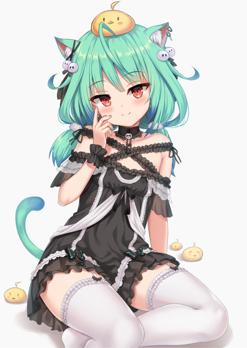 1girl animal_ears bangs bare_shoulders blush cat_ears cat_tail dress flat_chest frilled_dress frills gothic_lolita green_hair hair_ornament hand_on_own_face highres hololive lolita_fashion looking_at_viewer medium_hair red_eyes see-through shimokirin sitting smile tail thighhighs thighs twintails uruha_rushia virtual_youtuber zettai_ryouiki