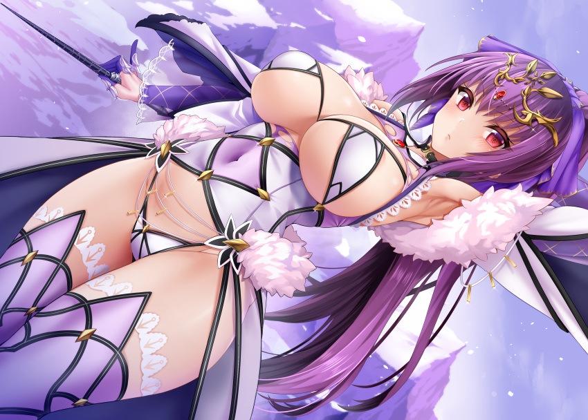 breasts fate/grand_order fate_(series) long_hair oni-noboru panties ponytail purple_hair red_eyes scathach_skadi_(fate/grand_order) see_through sword thighhighs underwear weapon