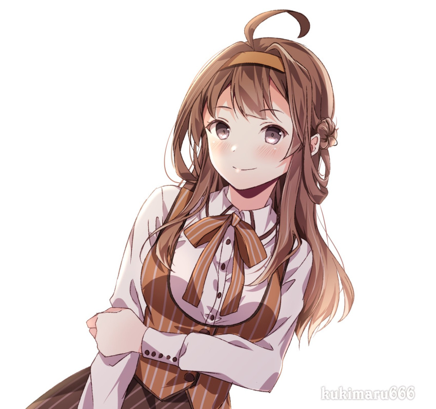 1girl ahoge alternate_costume brown_eyes brown_hair brown_skirt commentary_request double_bun dress_shirt hairband highres kantai_collection kongou_(kantai_collection) kukimaru long_hair looking_at_viewer orange_hairband orange_vest shirt simple_background skirt smile solo striped striped_skirt striped_vest upper_body vest white_background white_shirt